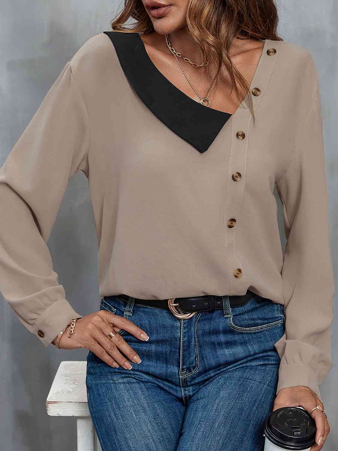 Asymmetrical Neck Buttoned Long Sleeve Top