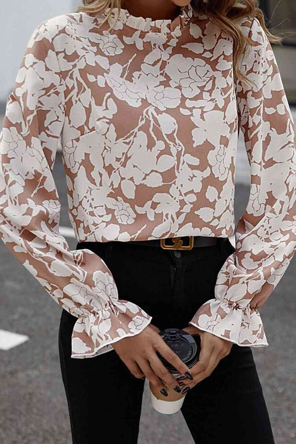 Floral Print Mock Neck Flounce Sleeve Blouse