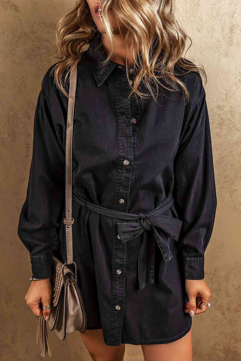 Button Up Collared Neck Denim Dress