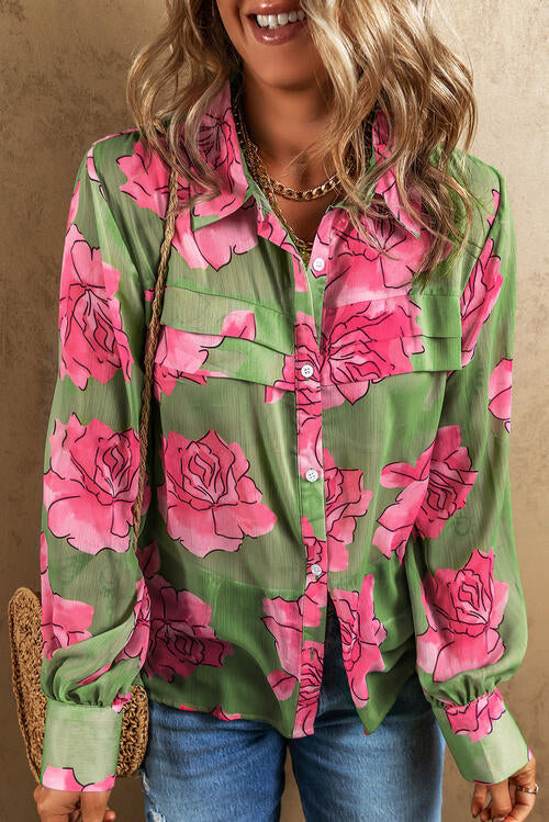 Flower Collared Neck Long Sleeve Shirt